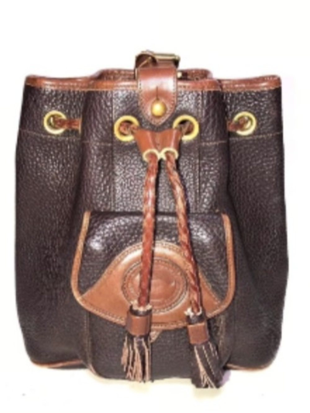 Dark Brown Leather Drawstring Bucket Bag with Brown Trim